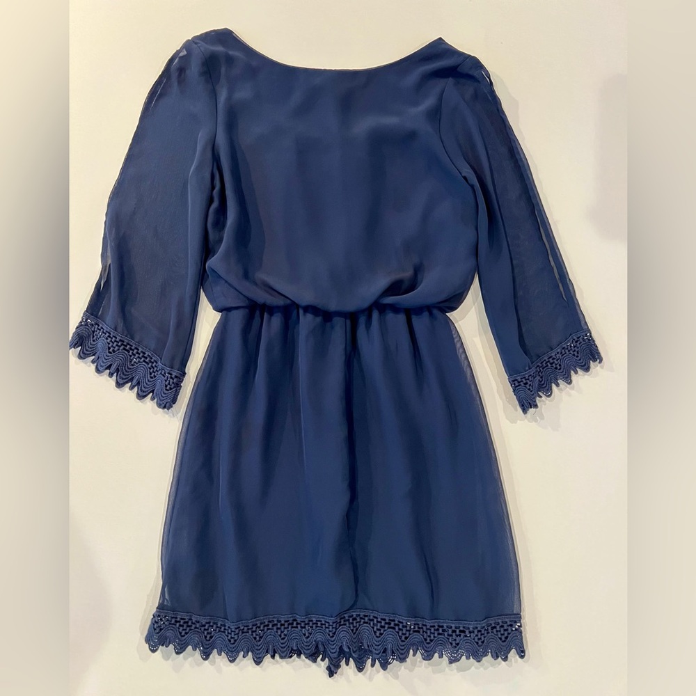 City Studio Crochet Blouson Waist Split Sleeve Navy Dress Sheer Small Delicate - Picture 13 of 15